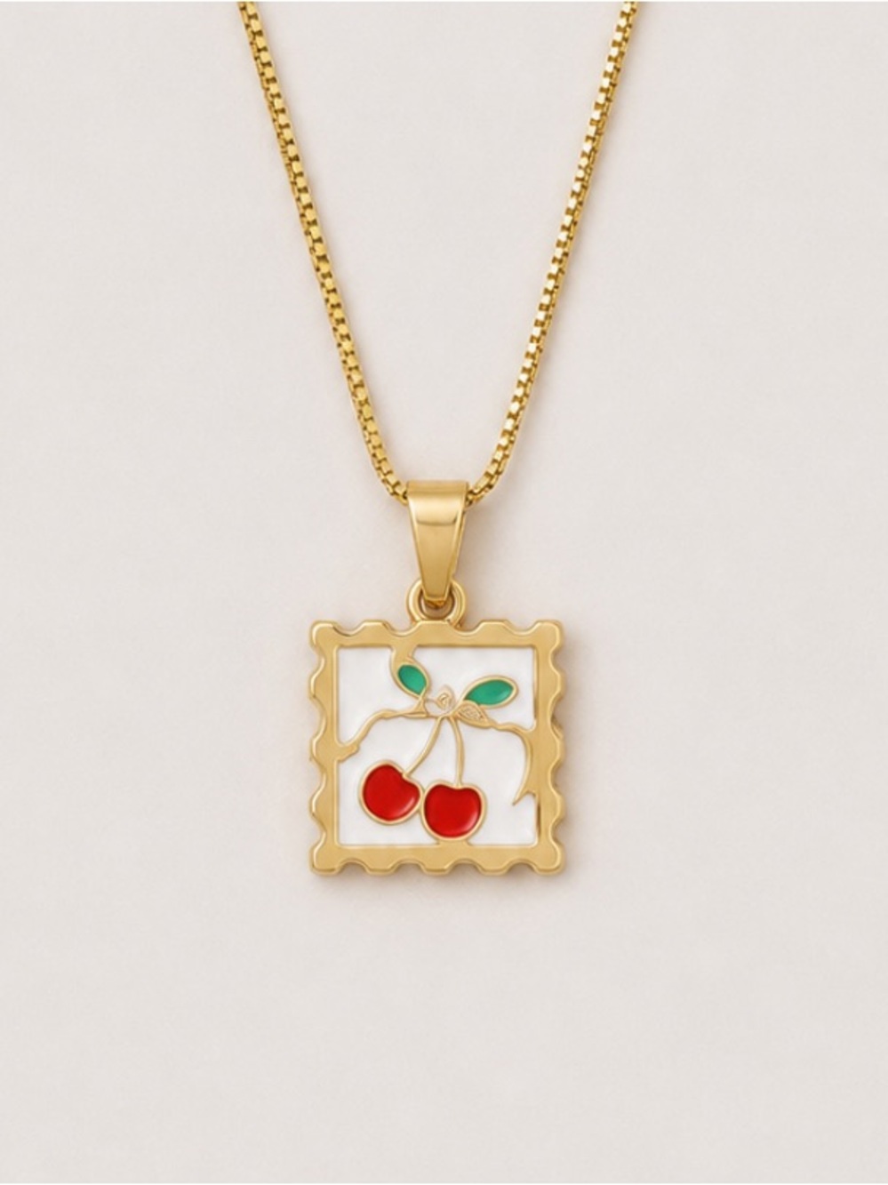 New! Cherry Gold Postage Stamp Charm Necklace NWOT5070